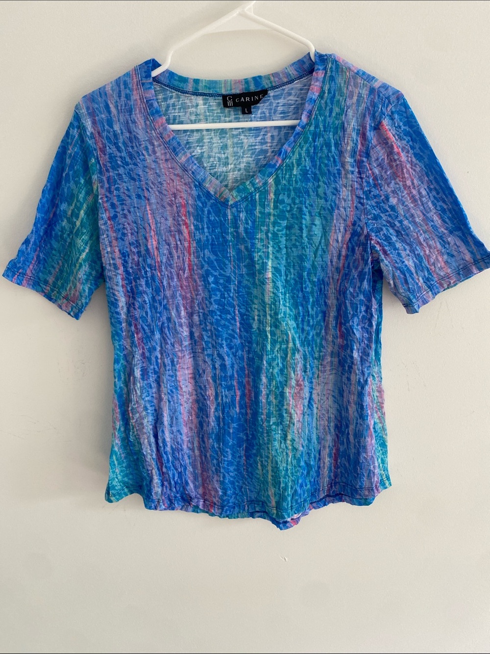 Carine S/S Rainbow Crinkle Lightweight Travel Friendly Neck T-Shirt Pink Blue L